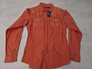 Cruel Arena Fit Western Cowgirl Peach Pearl Snap Shirt Size L EUC Long Sleeve